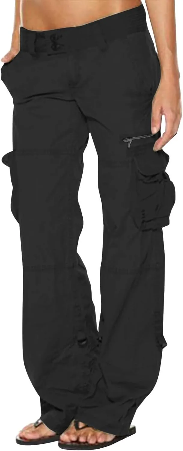 Women Cargo Pants Low Rise Tactical Pants Comfy Hiking Pants with Pockets Straight Leg Parachute Pants Long Trousers