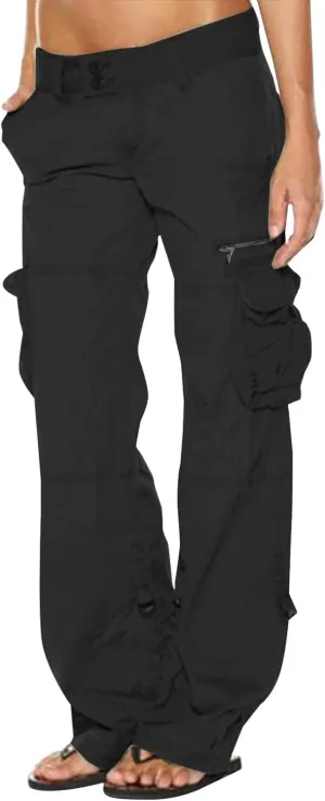 Women Cargo Pants Low Rise Tactical Pants Comfy Hiking Pants with Pockets Straight Leg Parachute Pants Long Trousers