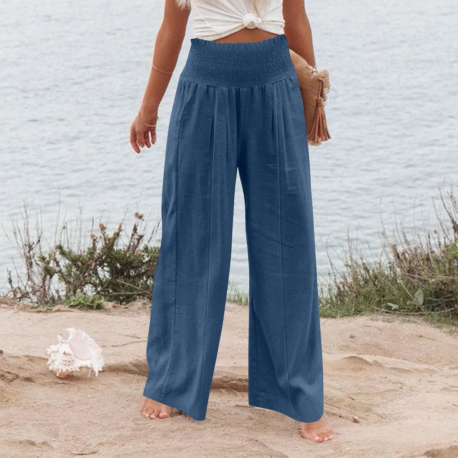 Women Cotton Linen Summer Printed Palazzo Pants High Waist Wide Leg Slim-Fit Trouser Work Business
