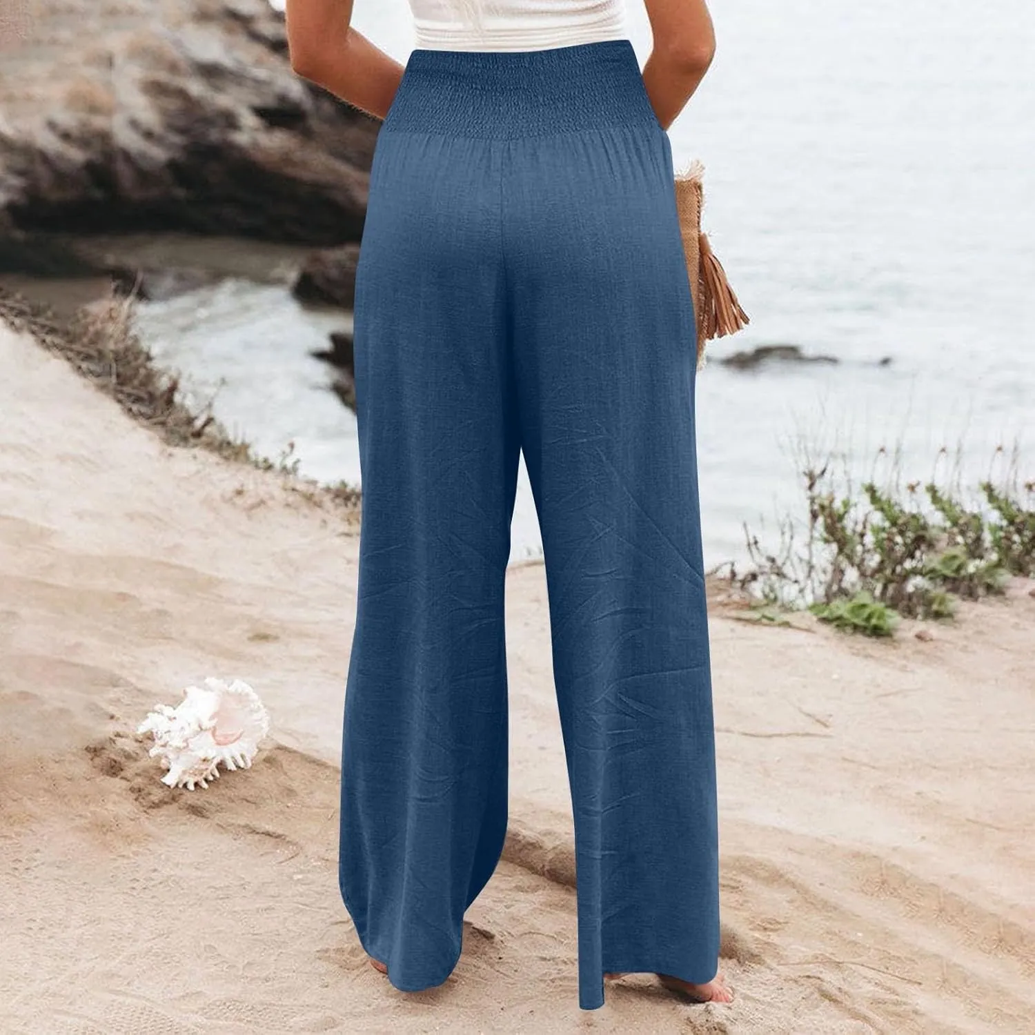 Women Cotton Linen Summer Printed Palazzo Pants High Waist Wide Leg Slim-Fit Trouser Work Business
