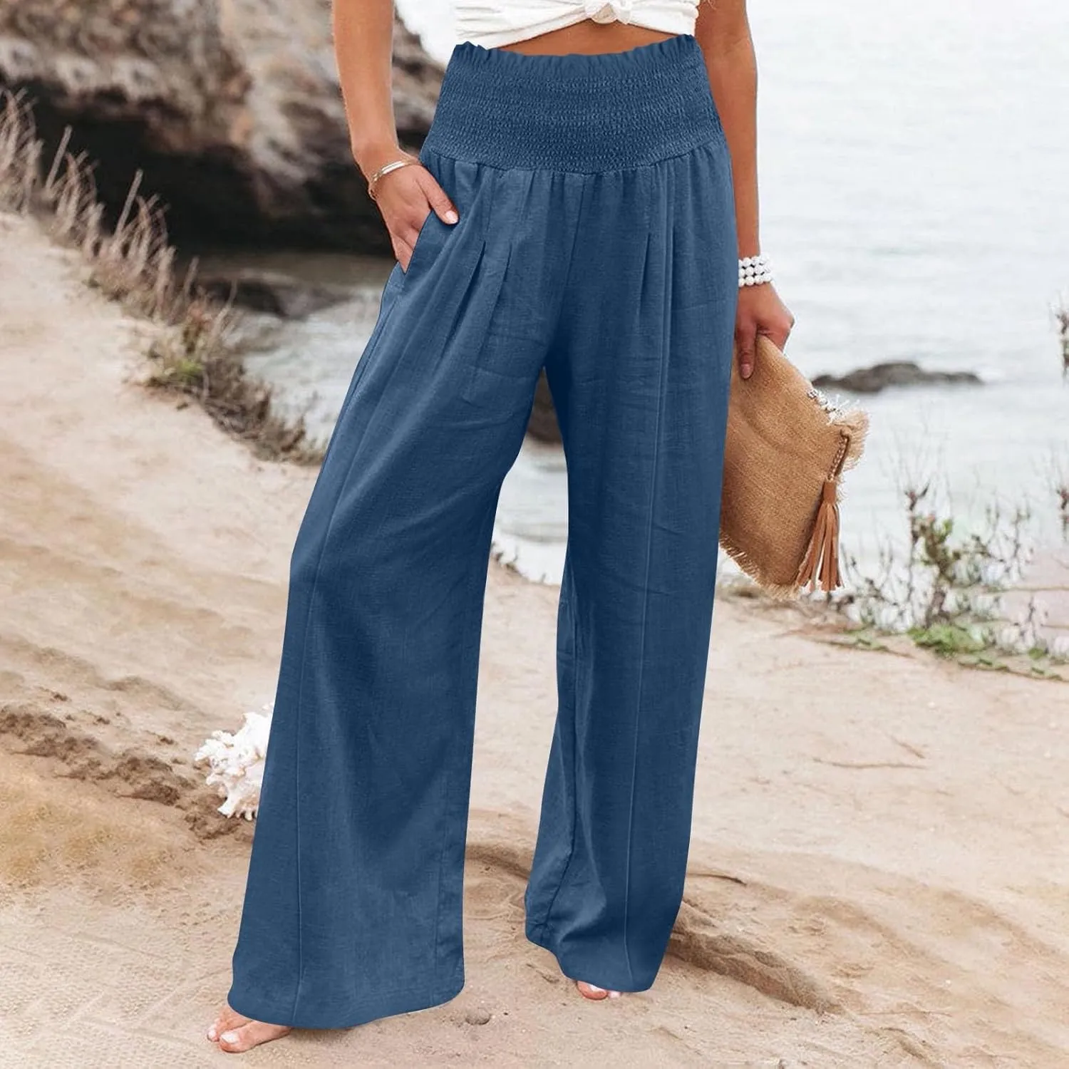 Women Cotton Linen Summer Printed Palazzo Pants High Waist Wide Leg Slim-Fit Trouser Work Business
