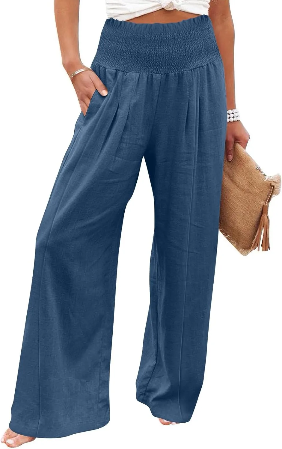 Women Cotton Linen Summer Printed Palazzo Pants High Waist Wide Leg Slim-Fit Trouser Work Business