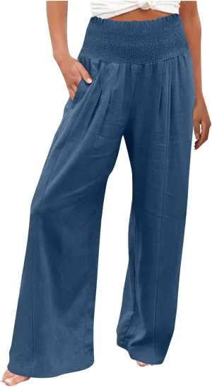 Women Cotton Linen Summer Printed Palazzo Pants High Waist Wide Leg Slim-Fit Trouser Work Business