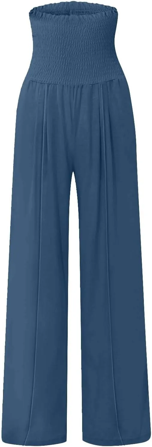 Women Cotton Linen Summer Printed Palazzo Pants High Waist Wide Leg Slim-Fit Trouser Work Business