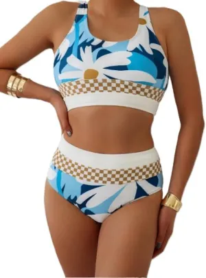 Women High Waist Stripe Pattern Bikini, Zipper Closure, Green US Size