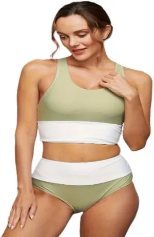 Women High Waist Stripe Pattern Bikini, Zipper Closure, Green US Size