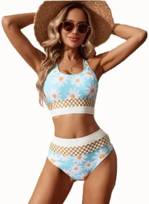 Women High Waist Stripe Pattern Bikini, Zipper Closure, Green US Size