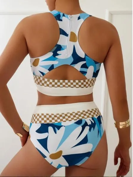 Women High Waist Stripe Pattern Bikini, Zipper Closure, Green US Size