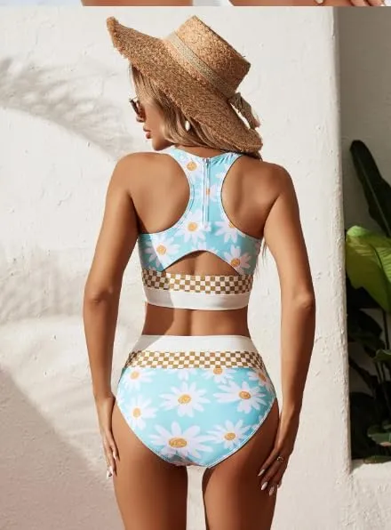 Women High Waist Stripe Pattern Bikini, Zipper Closure, Green US Size