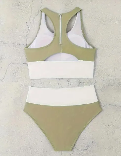 Women High Waist Stripe Pattern Bikini, Zipper Closure, Green US Size