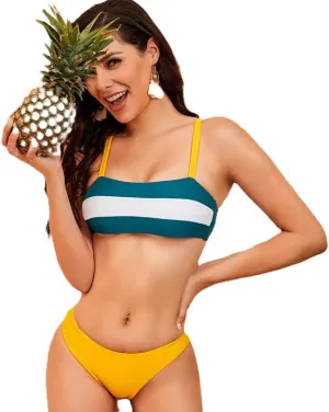 Women High Waist Stripe Pattern Bikini, Zipper Closure, Green US Size