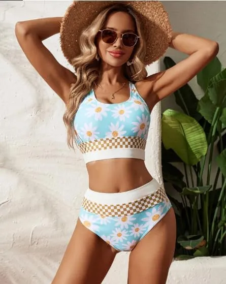 Women High Waist Stripe Pattern Bikini, Zipper Closure, Green US Size