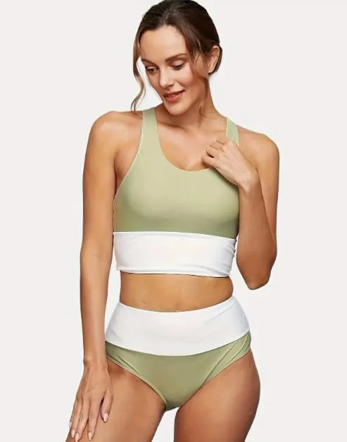 Women High Waist Stripe Pattern Bikini, Zipper Closure, Green US Size