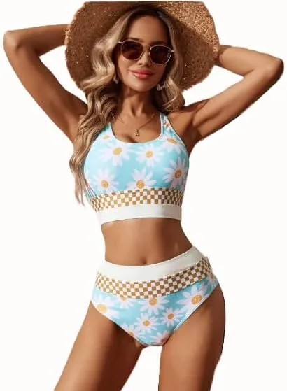 Women High Waist Stripe Pattern Bikini, Zipper Closure, Green US Size