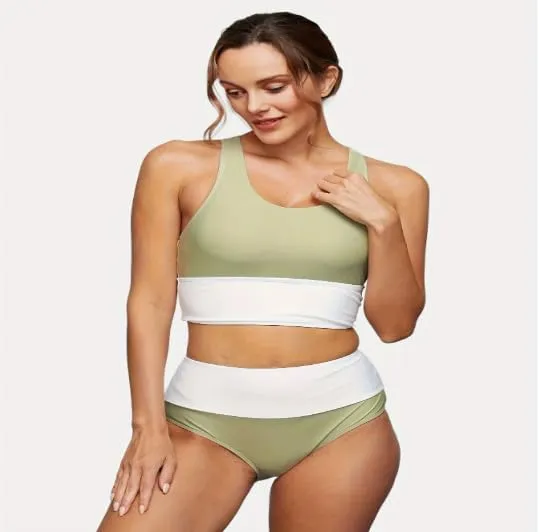 Women High Waist Stripe Pattern Bikini, Zipper Closure, Green US Size