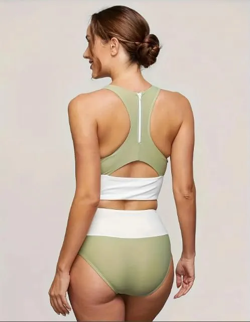 Women High Waist Stripe Pattern Bikini, Zipper Closure, Green US Size