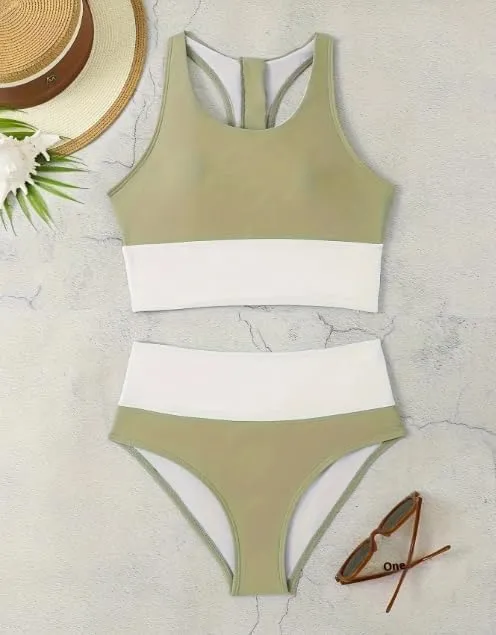 Women High Waist Stripe Pattern Bikini, Zipper Closure, Green US Size