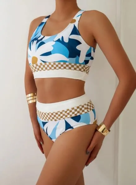 Women High Waist Stripe Pattern Bikini, Zipper Closure, Green US Size