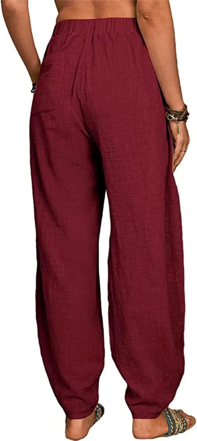 Women Linen Blend Summer Printed Pants Low Waist Wide Leg Slim Fit Pants Trendy