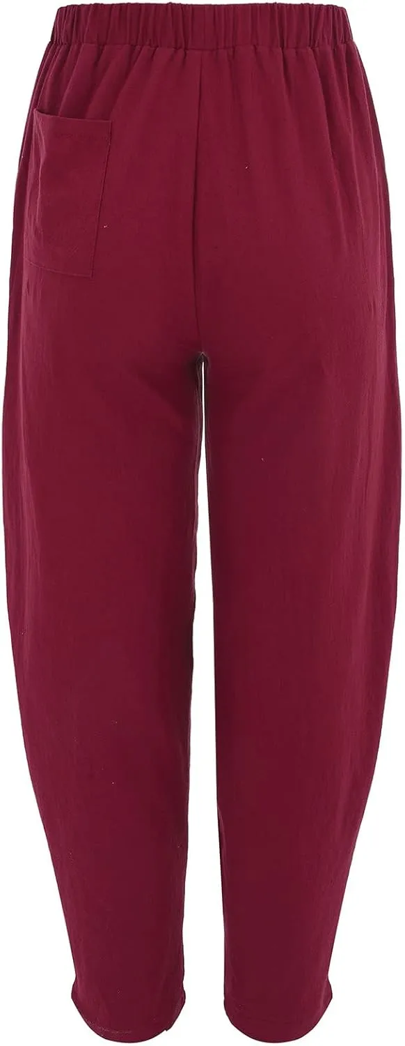 Women Linen Blend Summer Printed Pants Low Waist Wide Leg Slim Fit Pants Trendy