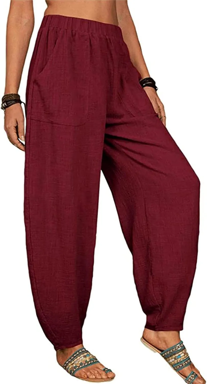 Women Linen Blend Summer Printed Pants Low Waist Wide Leg Slim Fit Pants Trendy