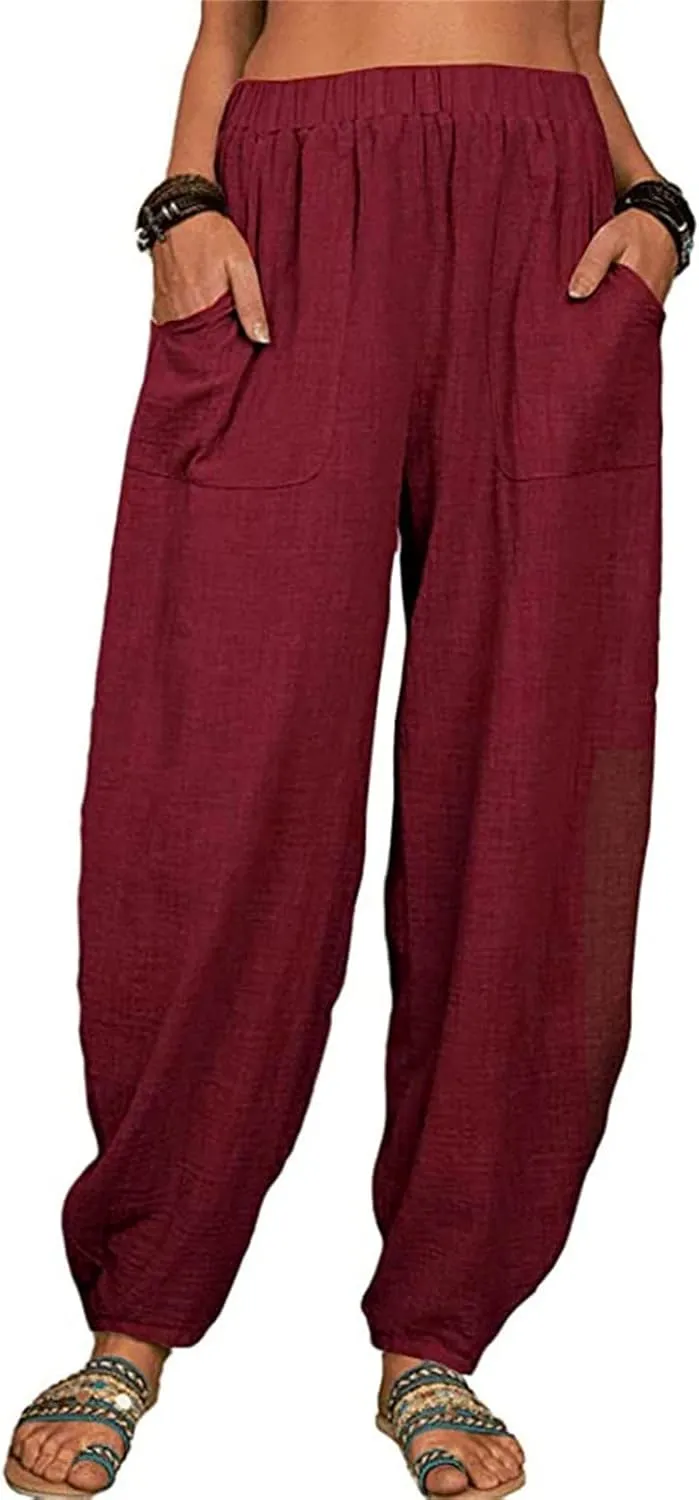 Women Linen Blend Summer Printed Pants Low Waist Wide Leg Slim Fit Pants Trendy
