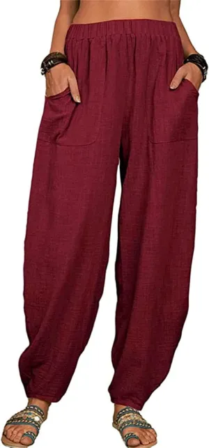 Women Linen Blend Summer Printed Pants Low Waist Wide Leg Slim Fit Pants Trendy