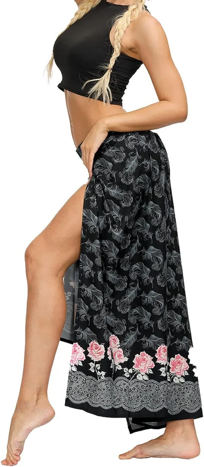 Women Linen High Waist Loose Harem Pants Flared Bottom Wide Leg Palazzo Casual Floral Print Beach Boho Trousers