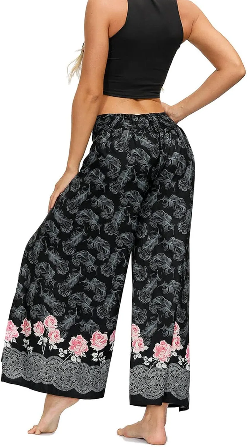 Women Linen High Waist Loose Harem Pants Flared Bottom Wide Leg Palazzo Casual Floral Print Beach Boho Trousers