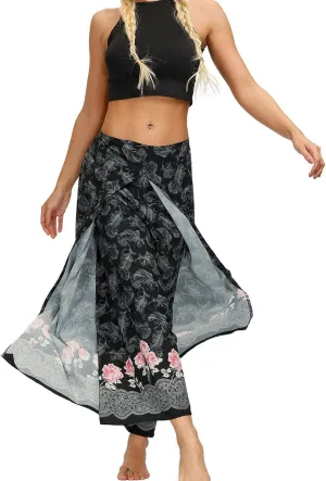 Women Linen High Waist Loose Harem Pants Flared Bottom Wide Leg Palazzo Casual Floral Print Beach Boho Trousers