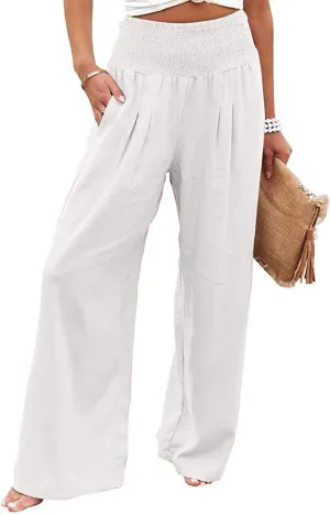 Women Linen Palazzo Pants Summer Boho Wide Leg High Waist Casual Pant Trousers with Pockets