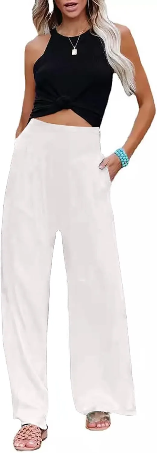 Women Linen Palazzo Pants Summer Boho Wide Leg High Waist Casual Pant Trousers with Pockets