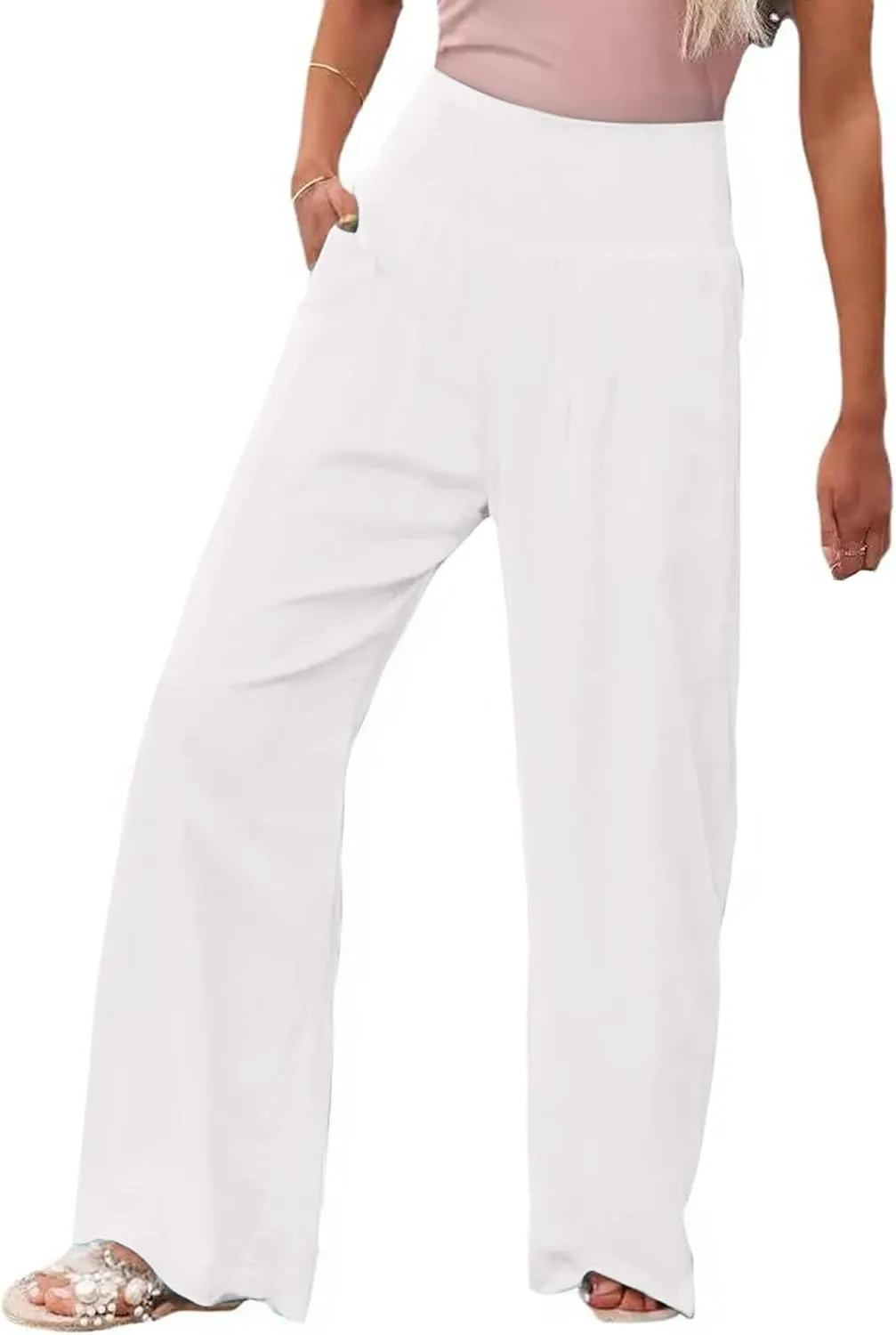 Women Linen Palazzo Pants Summer Boho Wide Leg High Waist Casual Pant Trousers with Pockets