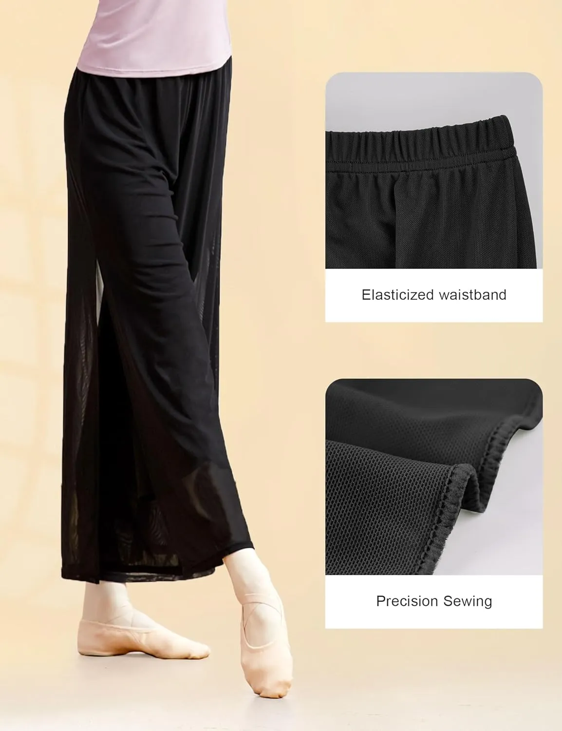 Women Loose 2 Layers Mesh Side Slit Dance Pants