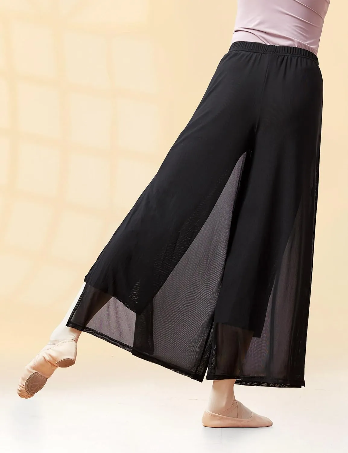 Women Loose 2 Layers Mesh Side Slit Dance Pants