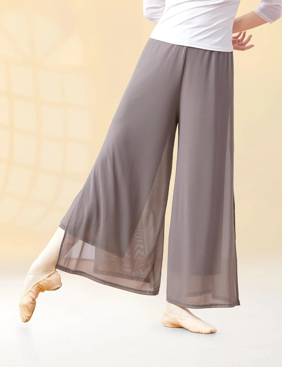 Women Loose 2 Layers Mesh Side Slit Dance Pants