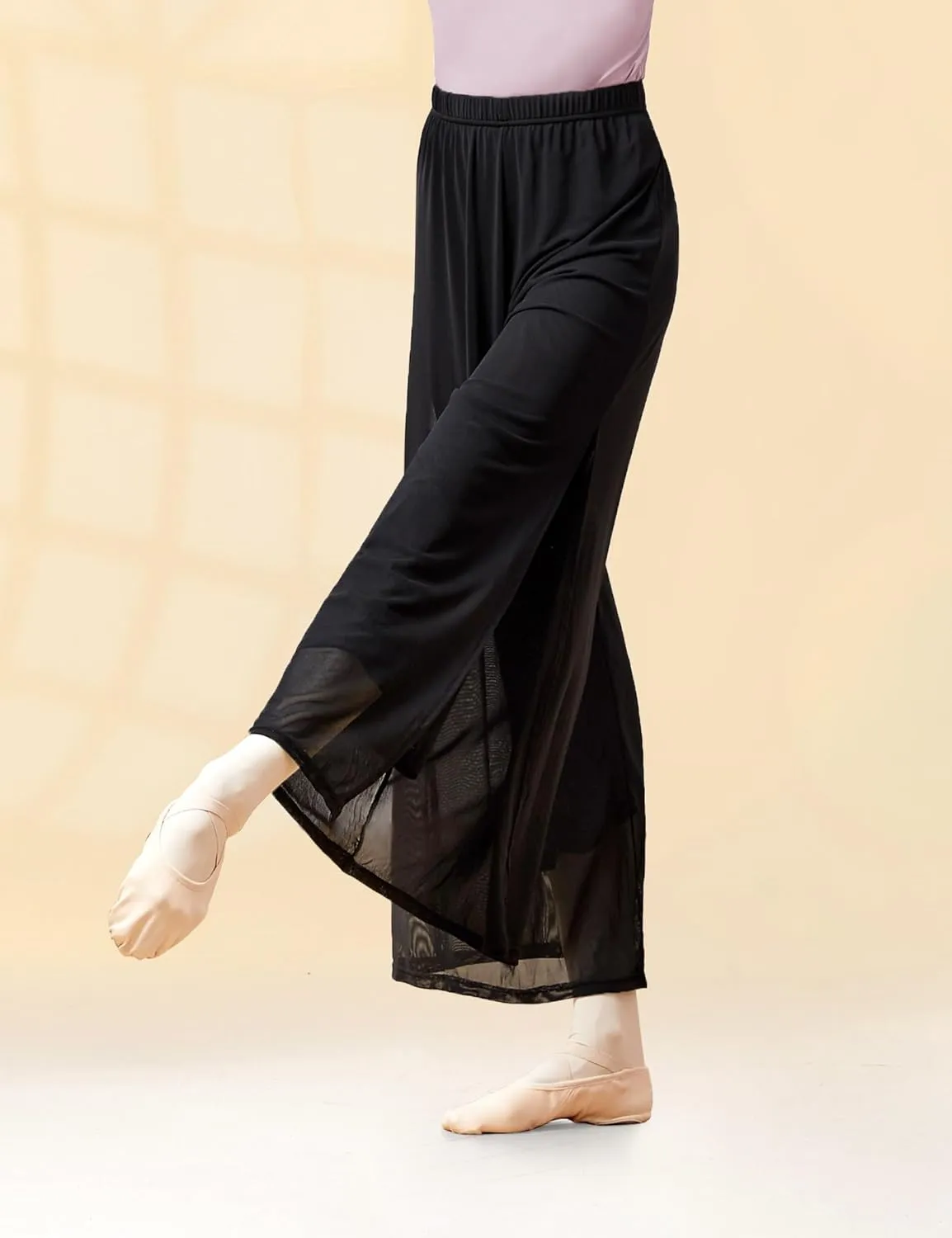 Women Loose 2 Layers Mesh Side Slit Dance Pants