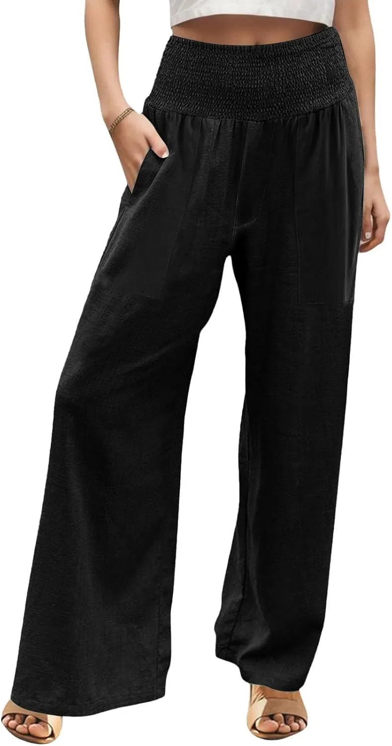 Women Palazzo Linen Pants Smocked High Waisted Wide Leg Pants Casual Summer Beach Pants Lounge Trousers with Pockets