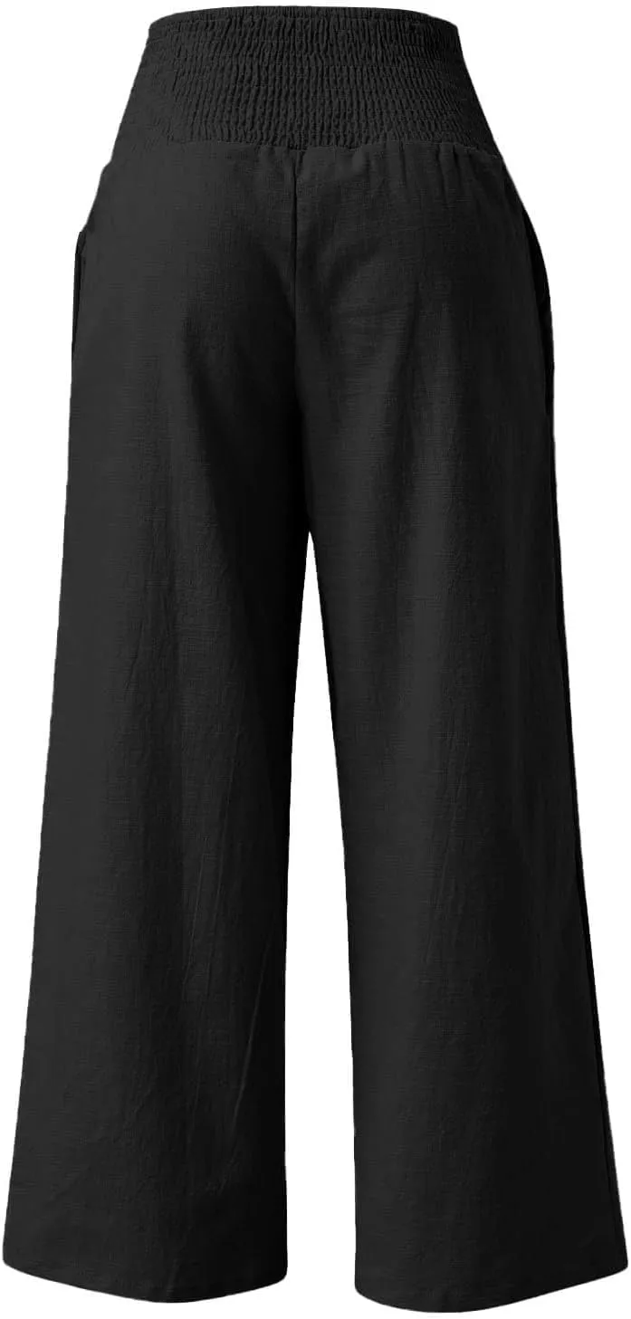 Women Palazzo Linen Pants Smocked High Waisted Wide Leg Pants Casual Summer Beach Pants Lounge Trousers with Pockets