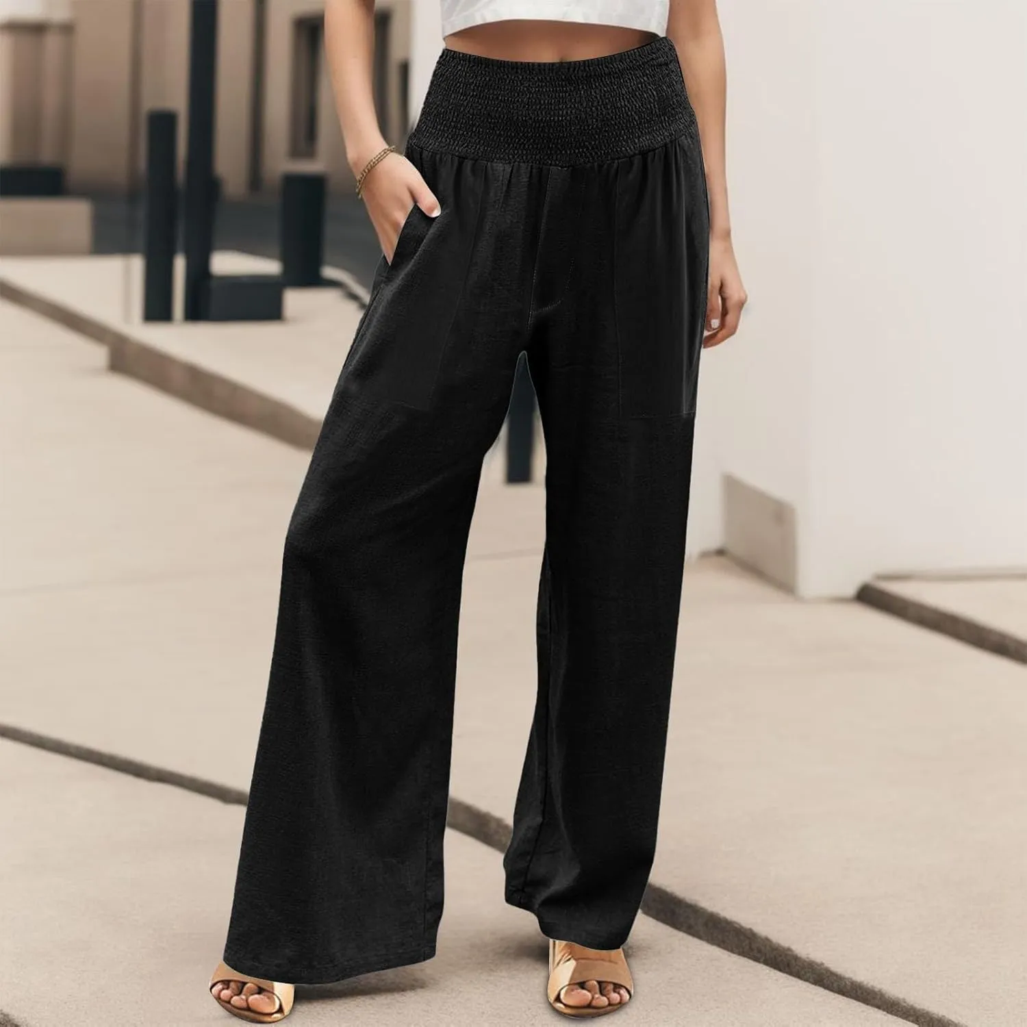 Women Palazzo Linen Pants Smocked High Waisted Wide Leg Pants Casual Summer Beach Pants Lounge Trousers with Pockets