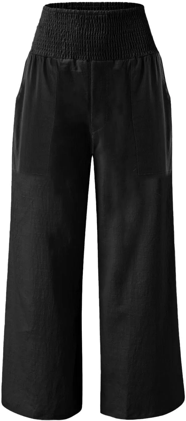 Women Palazzo Linen Pants Smocked High Waisted Wide Leg Pants Casual Summer Beach Pants Lounge Trousers with Pockets