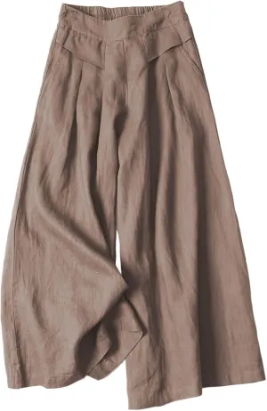Women' s Culottes Linen Blend Wide Leg Pants Elastic Waist Casual High Waisted Palazzo Trousers with Pockets for Women