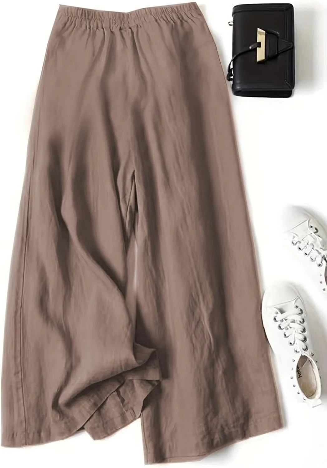 Women' s Culottes Linen Blend Wide Leg Pants Elastic Waist Casual High Waisted Palazzo Trousers with Pockets for Women