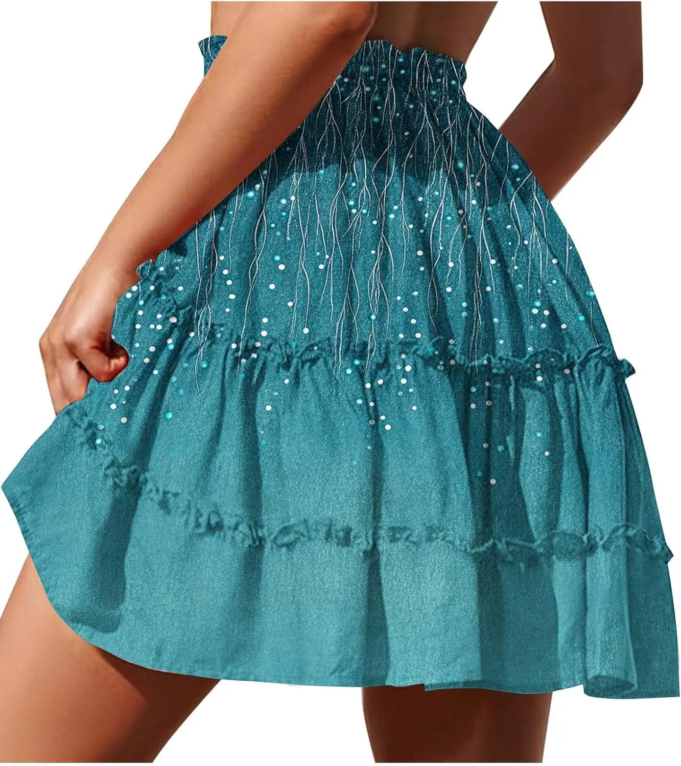 Women Summer Boho Skirts High Waist Casual Flowy Elastic Floral Printed Drawstring Tie-up Mini Skirt with Belt