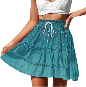 Women Summer Boho Skirts High Waist Casual Flowy Elastic Floral Printed Drawstring Tie-up Mini Skirt with Belt