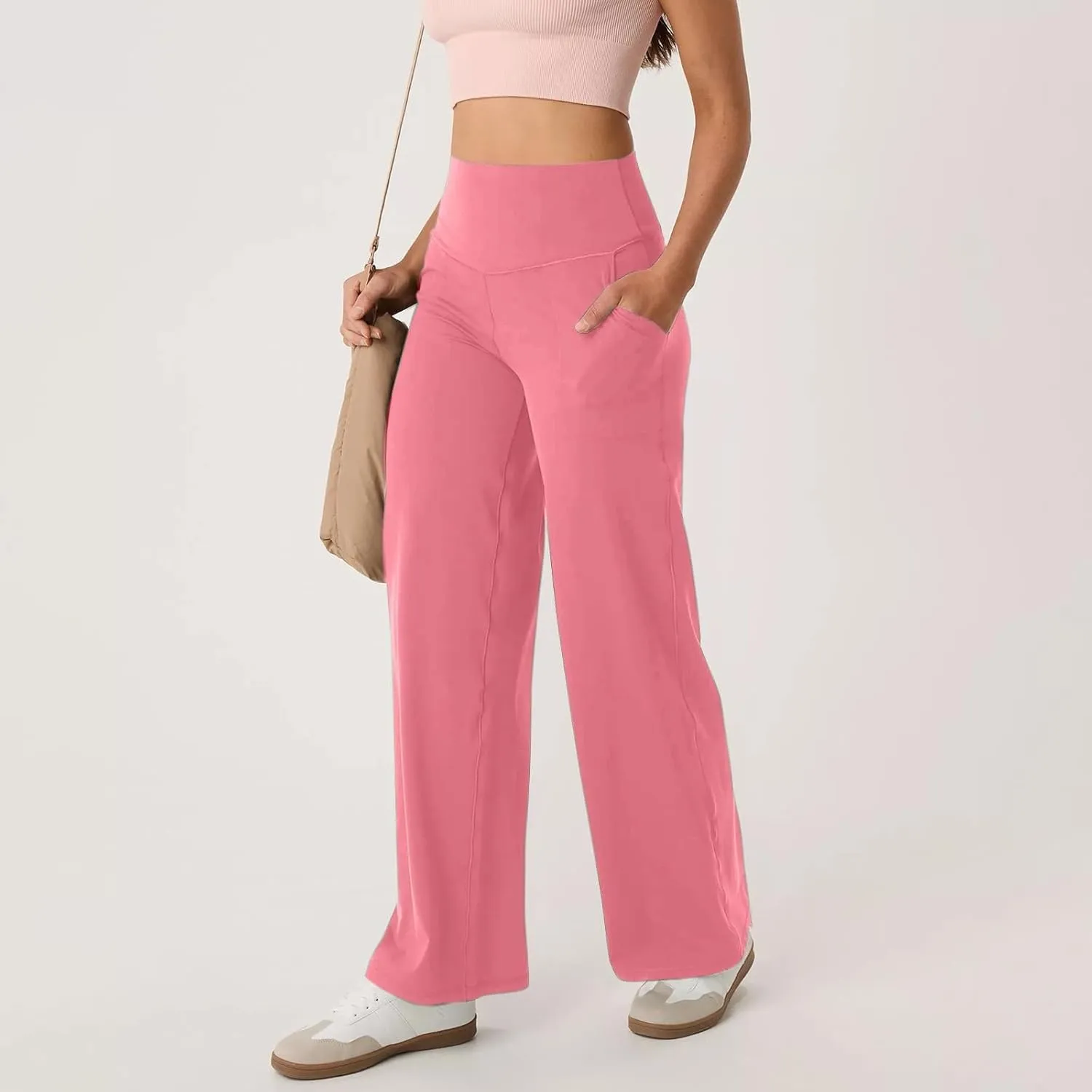 Women Wide Leg Yoga Pants with Pockets Stretch Straight Leg Dress Pants Tummy Control Flare Leggings Athletic Pant