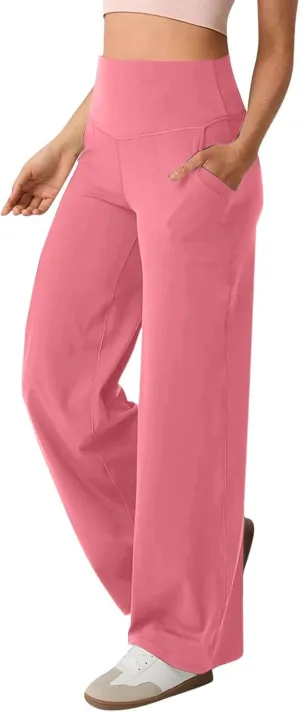 Women Wide Leg Yoga Pants with Pockets Stretch Straight Leg Dress Pants Tummy Control Flare Leggings Athletic Pant