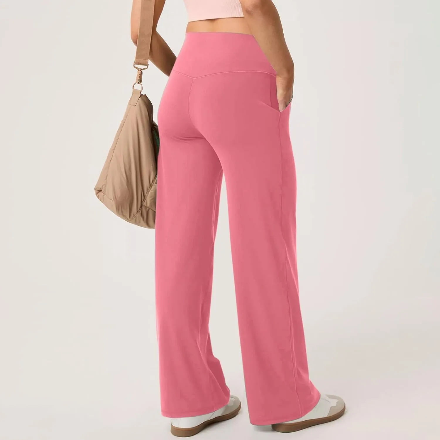 Women Wide Leg Yoga Pants with Pockets Stretch Straight Leg Dress Pants Tummy Control Flare Leggings Athletic Pant