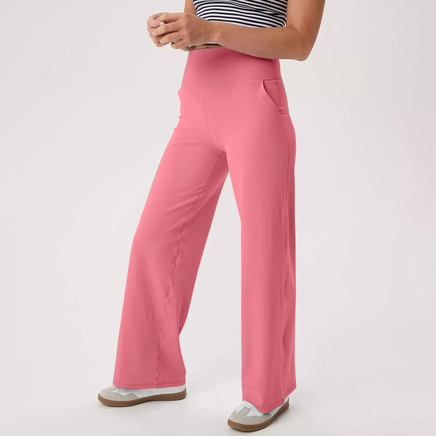 Women Wide Leg Yoga Pants with Pockets Stretch Straight Leg Dress Pants Tummy Control Flare Leggings Athletic Pant