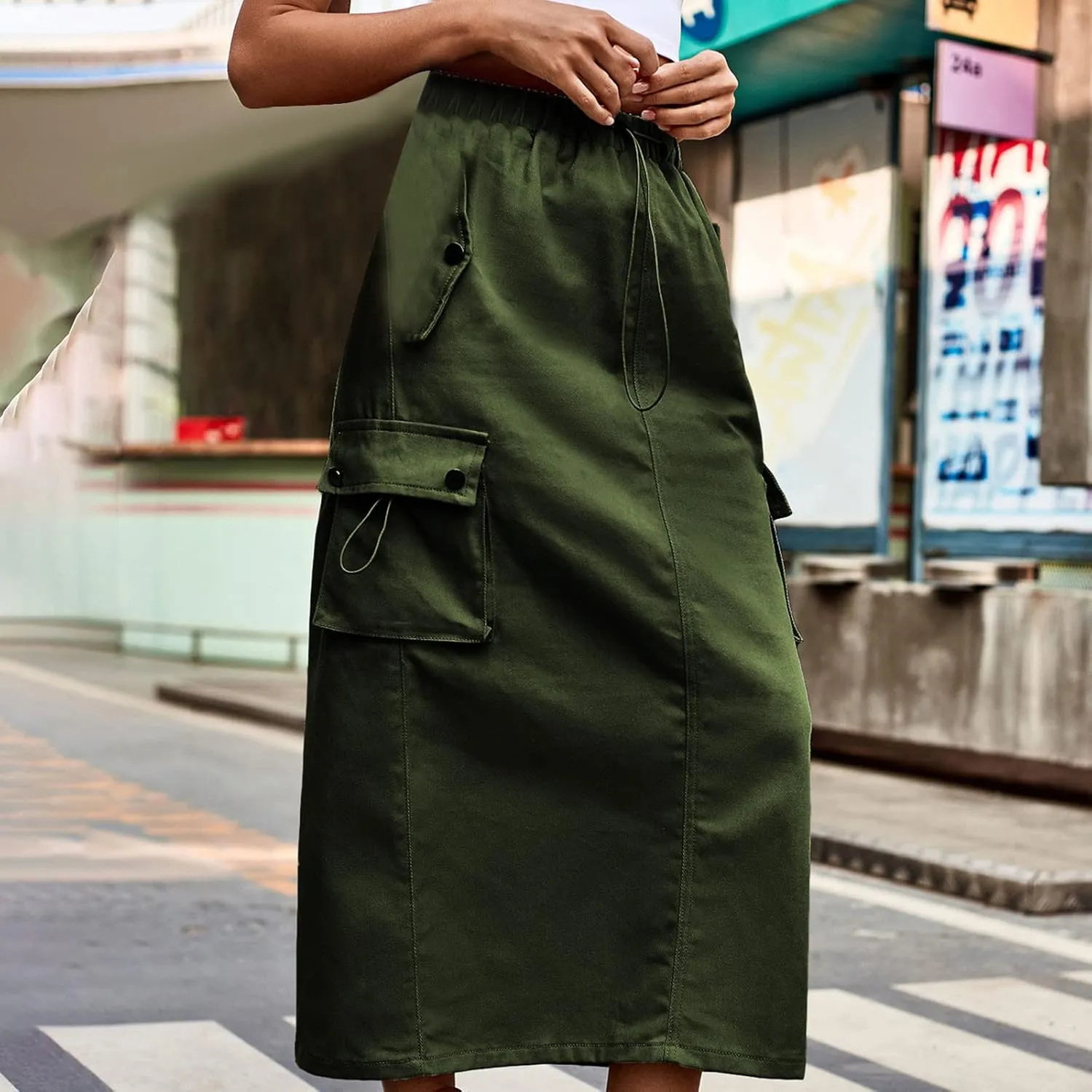 Women Y2k Drawstring Cargo Denim Skirt High Waist Ruched Parachute Maxi Long Skirts Vintage Jean Skirt with Pockets